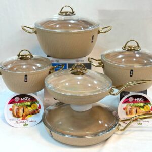 سرویس قابلمه 10 پارچه ام جی اس مدل ماینز(فورج) یراق طلایی درب پیرکس MGS