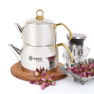 کتری و قوری لوله دار ام جی اس با قوری استیل براق طلایی برند MGS کد 41014