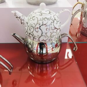 کتری و قوری استیل + چینی کرکماز 2+ 1.1 لیتر مدل تامبیک Korkmaz Tombik  کد 02-104